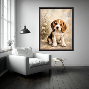 Adorable Beagle puppy wall art featuring soft textured brushstrokes, floral accents, and warm neutral tones in a cozy contemporary style.
