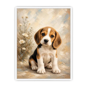 Adorable Beagle puppy wall art featuring soft textured brushstrokes, floral accents, and warm neutral tones in a cozy contemporary style.