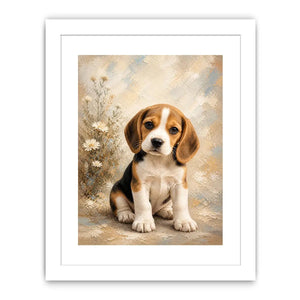 Adorable Beagle puppy wall art featuring soft textured brushstrokes, floral accents, and warm neutral tones in a cozy contemporary style.