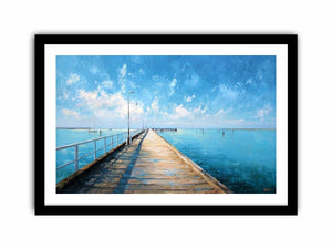 Coastal pier wall art featuring a sunlit boardwalk over calm blue ocean waters with textured impressionist brushstrokes and airy seaside tones.