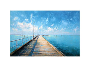 Coastal pier wall art featuring a sunlit boardwalk over calm blue ocean waters with textured impressionist brushstrokes and airy seaside tones.
