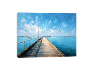 Coastal pier wall art featuring a sunlit boardwalk over calm blue ocean waters with textured impressionist brushstrokes and airy seaside tones.