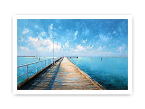 Coastal pier wall art featuring a sunlit boardwalk over calm blue ocean waters with textured impressionist brushstrokes and airy seaside tones.