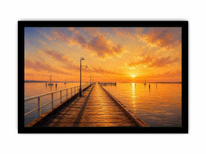 Sunset pier wall art featuring glowing golden skies, reflective ocean waters, and textured impressionist coastal brushwork in warm luxury tones.