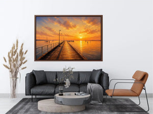 Sunset pier wall art featuring glowing golden skies, reflective ocean waters, and textured impressionist coastal brushwork in warm luxury tones.