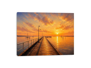 Sunset pier wall art featuring glowing golden skies, reflective ocean waters, and textured impressionist coastal brushwork in warm luxury tones.