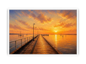 Sunset pier wall art featuring glowing golden skies, reflective ocean waters, and textured impressionist coastal brushwork in warm luxury tones.