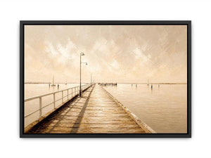 Neutral coastal pier wall art featuring a minimalist boardwalk over calm ivory waters with textured impressionist brushwork in soft beige tones.