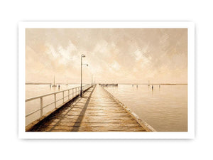 Neutral coastal pier wall art featuring a minimalist boardwalk over calm ivory waters with textured impressionist brushwork in soft beige tones.