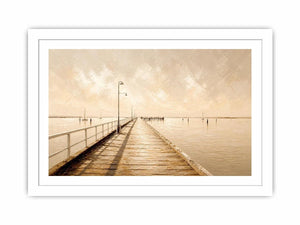 Neutral coastal pier wall art featuring a minimalist boardwalk over calm ivory waters with textured impressionist brushwork in soft beige tones.