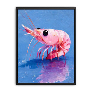 Pink shrimp wall art featuring bold contemporary ocean colors with textured impressionist brushwork in vibrant blue and coral tones.