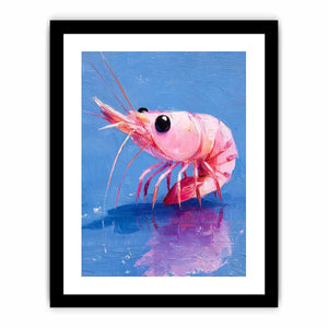 Pink shrimp wall art featuring bold contemporary ocean colors with textured impressionist brushwork in vibrant blue and coral tones.