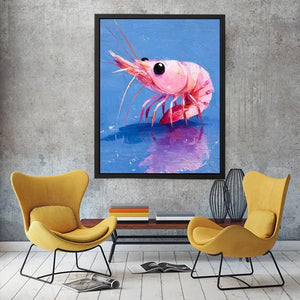 Pink shrimp wall art featuring bold contemporary ocean colors with textured impressionist brushwork in vibrant blue and coral tones.