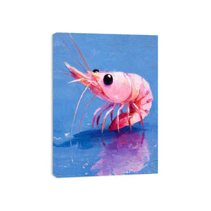 Pink shrimp wall art featuring bold contemporary ocean colors with textured impressionist brushwork in vibrant blue and coral tones.