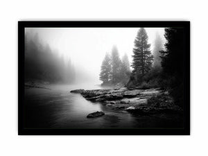 black and white misty forest lake wall art with pine trees and foggy waters minimalist nature landscape canvas print