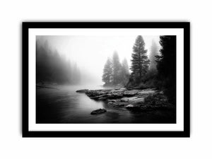 black and white misty forest lake wall art with pine trees and foggy waters minimalist nature landscape canvas print