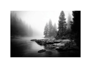 black and white misty forest lake wall art with pine trees and foggy waters minimalist nature landscape canvas print