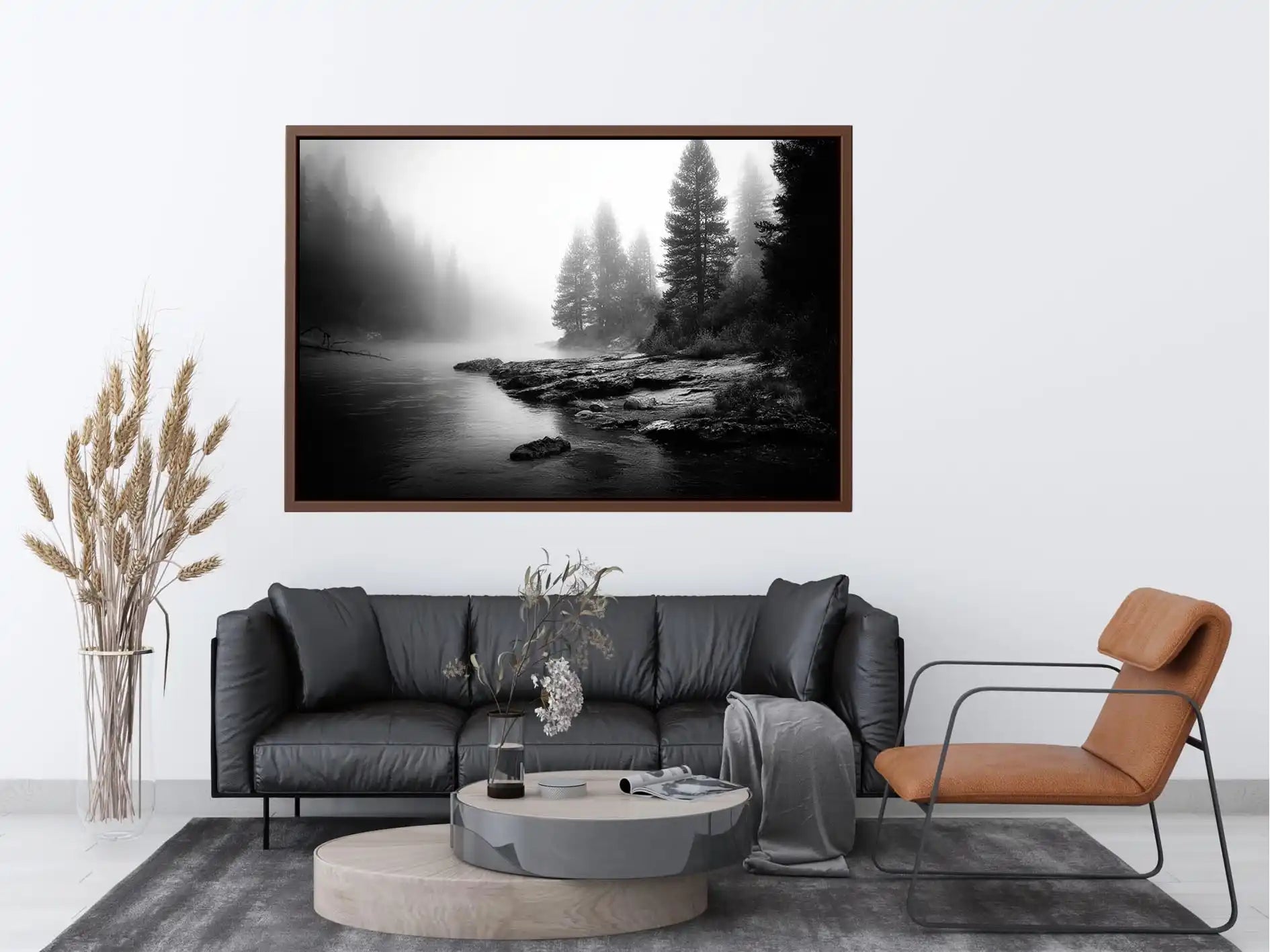black and white misty forest lake wall art with pine trees and foggy waters minimalist nature landscape canvas print