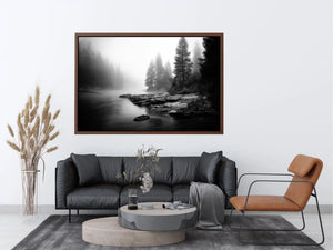 black and white misty forest lake wall art with pine trees and foggy waters minimalist nature landscape canvas print