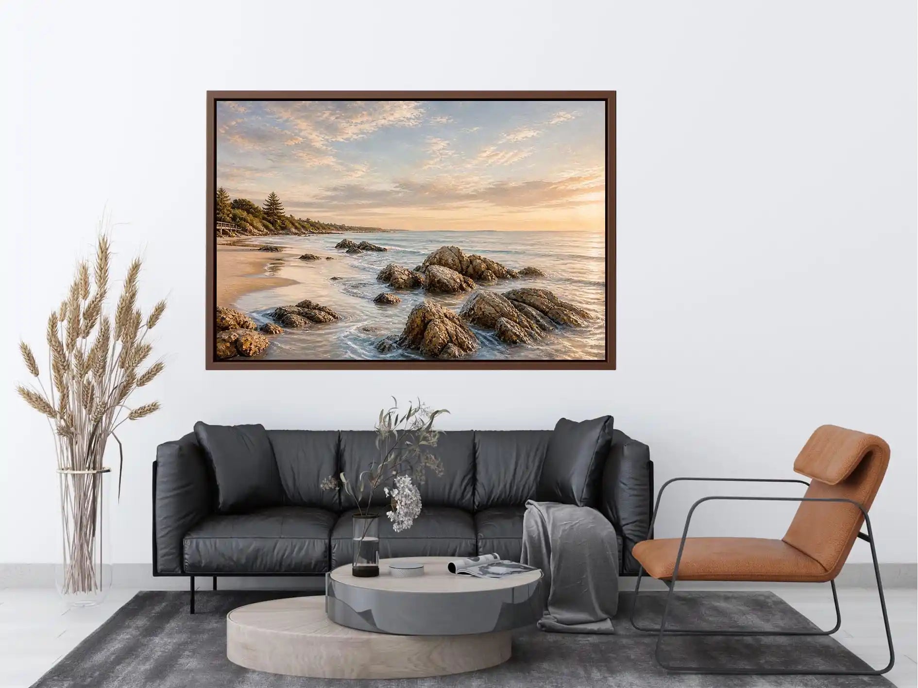 Rocky beach coastal wall art with golden sunset light, textured ocean waves, and serene shoreline landscape canvas for modern coastal interiors