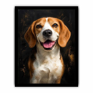 Beagle dog portrait wall art with rich painterly texture, warm golden tones, and dramatic dark background contemporary pet canvas artwork