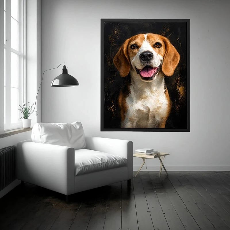 Beagle dog portrait wall art with rich painterly texture, warm golden tones, and dramatic dark background contemporary pet canvas artwork
