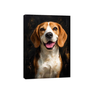 Beagle dog portrait wall art with rich painterly texture, warm golden tones, and dramatic dark background contemporary pet canvas artwork