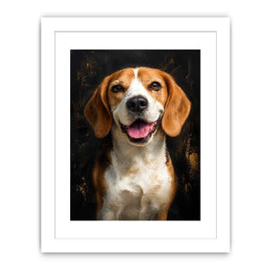 Beagle dog portrait wall art with rich painterly texture, warm golden tones, and dramatic dark background contemporary pet canvas artwork