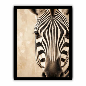 Elegant zebra wall art with dramatic black and ivory stripes, neutral beige tones, and sophisticated contemporary wildlife canvas artwork