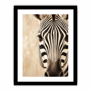 Elegant zebra wall art with dramatic black and ivory stripes, neutral beige tones, and sophisticated contemporary wildlife canvas artwork