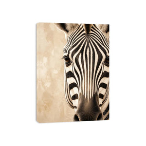 Elegant zebra wall art with dramatic black and ivory stripes, neutral beige tones, and sophisticated contemporary wildlife canvas artwork