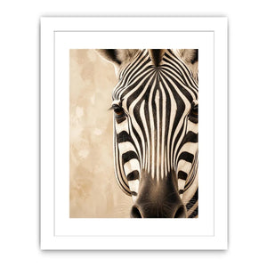Elegant zebra wall art with dramatic black and ivory stripes, neutral beige tones, and sophisticated contemporary wildlife canvas artwork