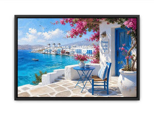 Mykonos coastal wall art with white Mediterranean architecture, turquoise ocean views, vibrant bougainvillea, and contemporary Greek island charm