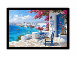 Mykonos coastal wall art with white Mediterranean architecture, turquoise ocean views, vibrant bougainvillea, and contemporary Greek island charm