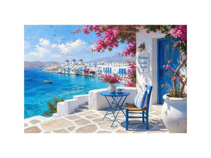 Mykonos coastal wall art with white Mediterranean architecture, turquoise ocean views, vibrant bougainvillea, and contemporary Greek island charm
