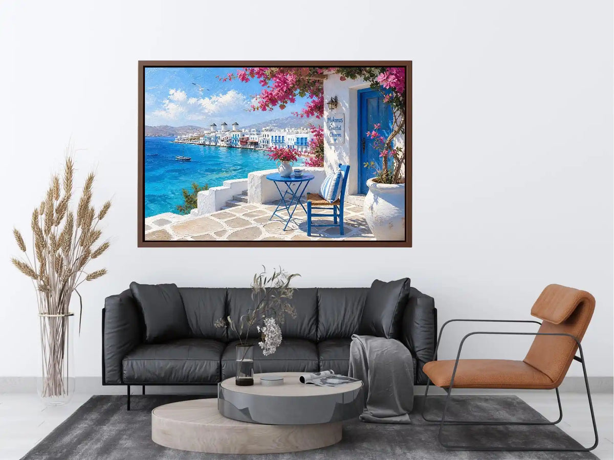 Mykonos coastal wall art with white Mediterranean architecture, turquoise ocean views, vibrant bougainvillea, and contemporary Greek island charm