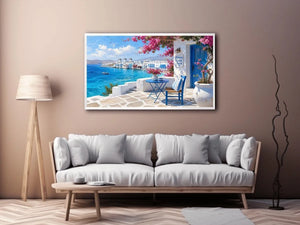 Mykonos coastal wall art with white Mediterranean architecture, turquoise ocean views, vibrant bougainvillea, and contemporary Greek island charm