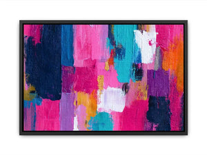Vibrant abstract wall art with bold pink, turquoise, navy, lavender, and orange brushstrokes in a contemporary textured expressionist style