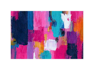 Vibrant abstract wall art with bold pink, turquoise, navy, lavender, and orange brushstrokes in a contemporary textured expressionist style