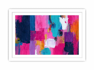 Vibrant abstract wall art with bold pink, turquoise, navy, lavender, and orange brushstrokes in a contemporary textured expressionist style