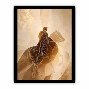 Minimalist equestrian wall art featuring abstract line drawing of a horseback rider in warm neutral beige and contemporary modern style