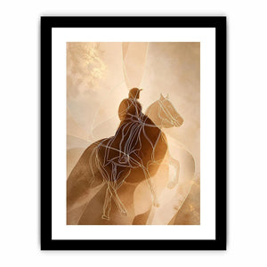 Minimalist equestrian wall art featuring abstract line drawing of a horseback rider in warm neutral beige and contemporary modern style
