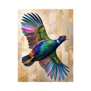 Colorful pheasant wall art featuring iridescent jewel toned feathers and contemporary wildlife design with luxurious textured detailing