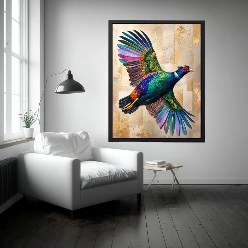 Colorful pheasant wall art featuring iridescent jewel toned feathers and contemporary wildlife design with luxurious textured detailing