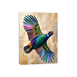 Colorful pheasant wall art featuring iridescent jewel toned feathers and contemporary wildlife design with luxurious textured detailing
