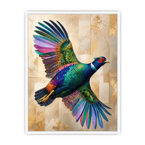 Colorful pheasant wall art featuring iridescent jewel toned feathers and contemporary wildlife design with luxurious textured detailing