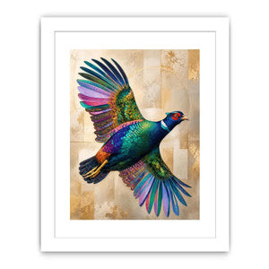 Colorful pheasant wall art featuring iridescent jewel toned feathers and contemporary wildlife design with luxurious textured detailing