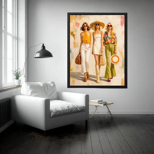 Contemporary fashion wall art featuring stylish women in colorful designer inspired outfits with expressive painterly textures and chic luxury aesthetics