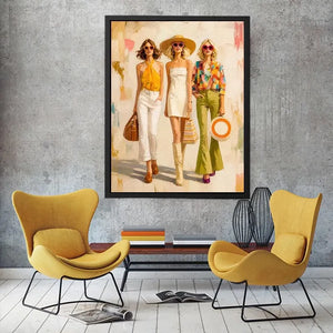 Contemporary fashion wall art featuring stylish women in colorful designer inspired outfits with expressive painterly textures and chic luxury aesthetics