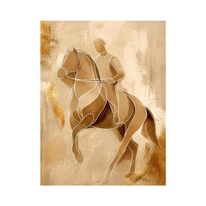 Minimalist horse rider line art wall art in beige and gold abstract modern luxury canvas print for contemporary home decor